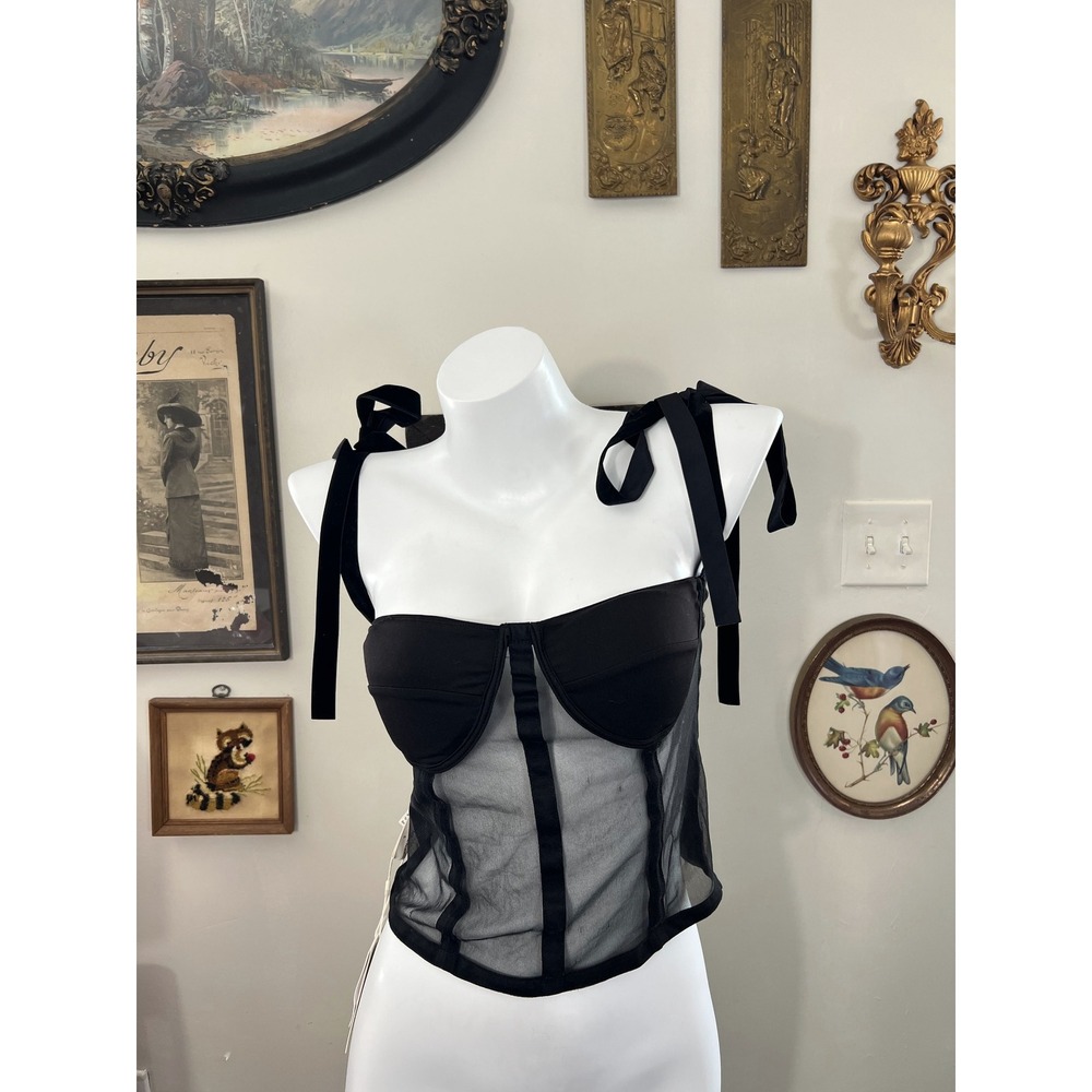 Commense Corset Top Womens Small Black Sheer Mesh Bustier Tie Strap Sweetheart